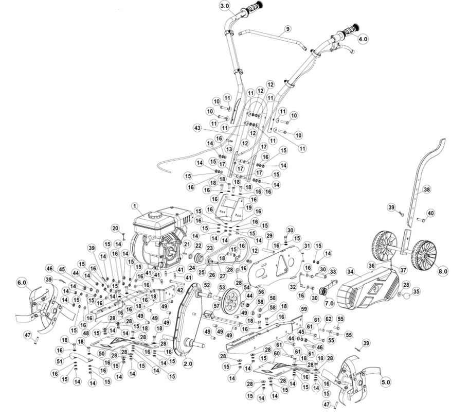 ЗАПЧАСТИ ДЛЯ КУЛЬТИВАТОРА БЕНЗИНОВОГО ELITECH КБ 4 (ОБЩАЯ)